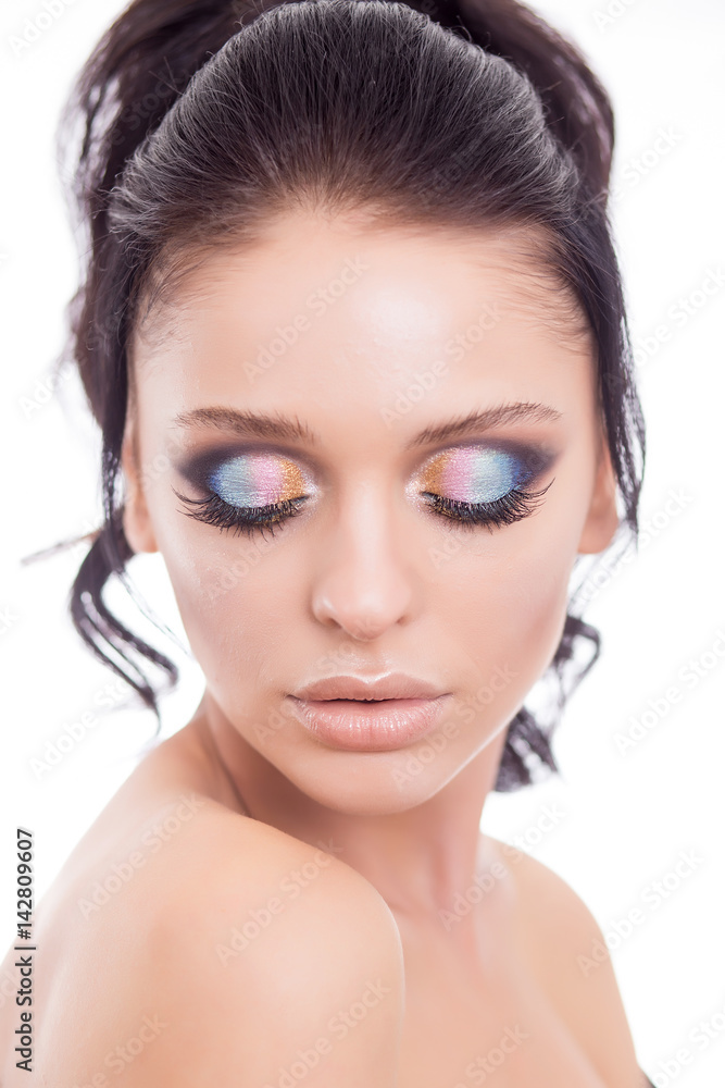 Colorful make-up woman face, beautiful brunette summer makeup, beauty fashion girl model with pink lips Colorful make-up woman face, beautiful brunette summer makeup, beauty fashion girl model with pink lips