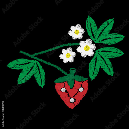 Embroidery with strawberry and flower with green leaf
