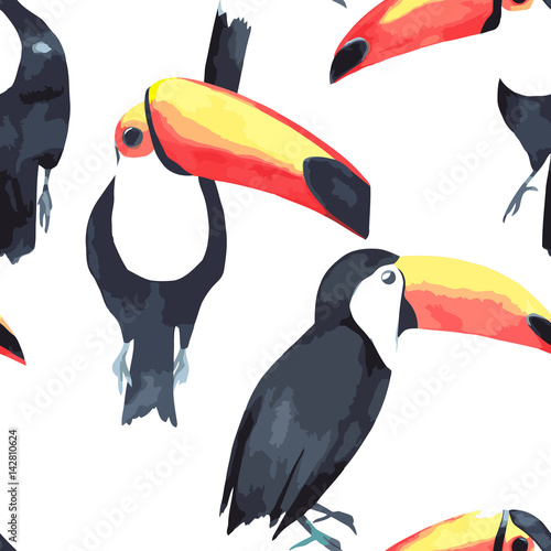 Seamless pattern with tropical birds - toucan. Vector illustration. Watercolo...
