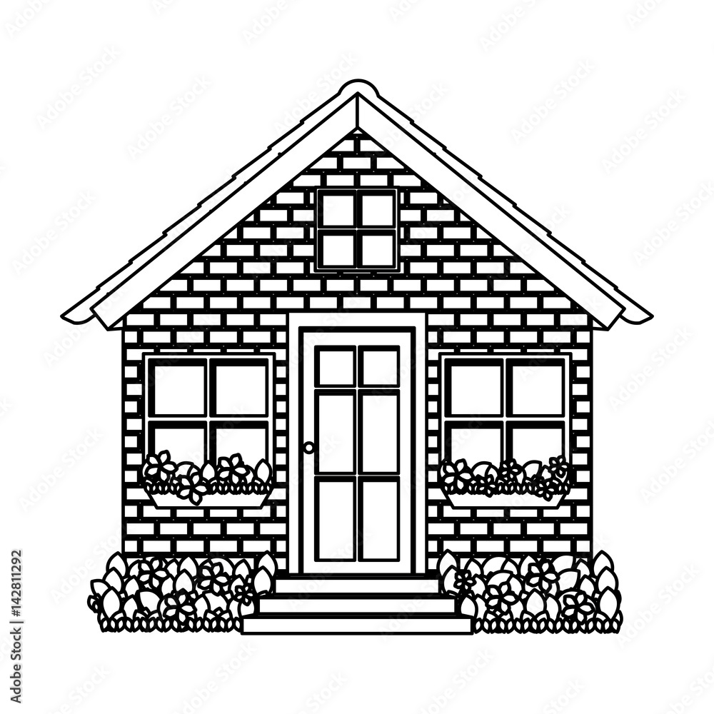 silhouette comfortable facade house with brick wall and garden vector