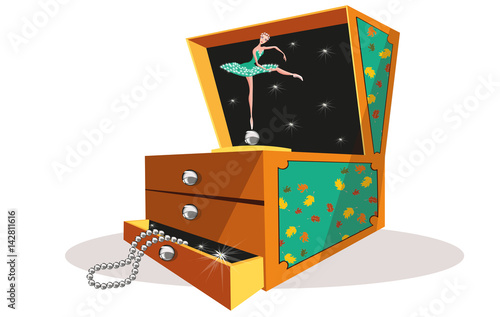 vector illustration with a jewel box decorated with a dancing ballerina 