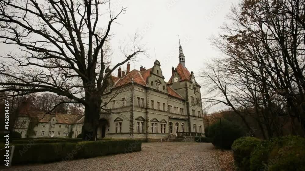 View of the antique old castle in the park in Ukraine View of the antique old castle in the park in Ukraine