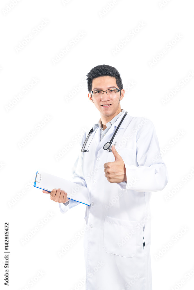 Handsome Asian doctor thumbs up, isolated on white background, medical or hospital concept Handsome Asian doctor thumbs up, isolated on white background, medical or hospital concept