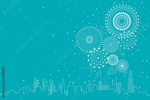 Vector illustration of a festive fireworks display over the city background design.