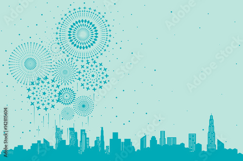 Vector illustration of a festive fireworks display over the city background design.