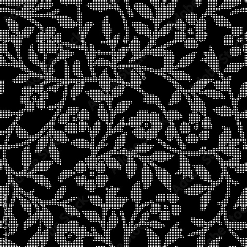Halftone round black seamless background garden spiral vine flower