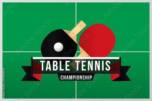 Table tennis championship badge design with green table and net.