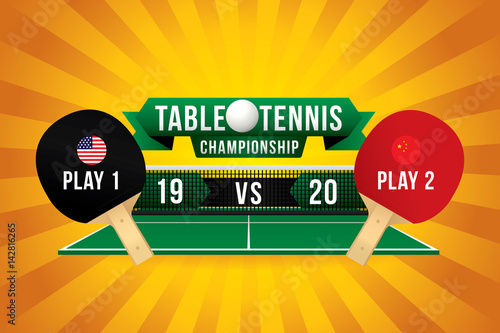 Table tennis championship badge design with two player and scoreboard on green table.
