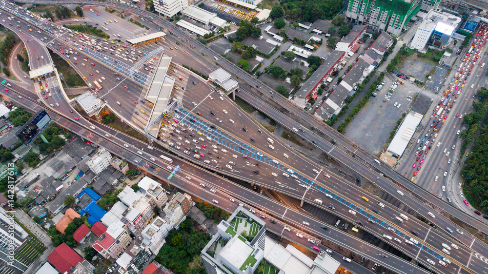 Aerial view of expressway in Bangkok during rush hour