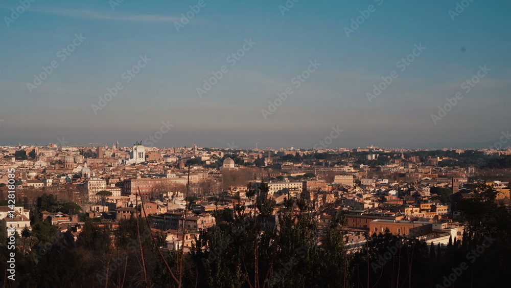 Panoramic view of the historic centre of Rome, Italy. Camera moving right.