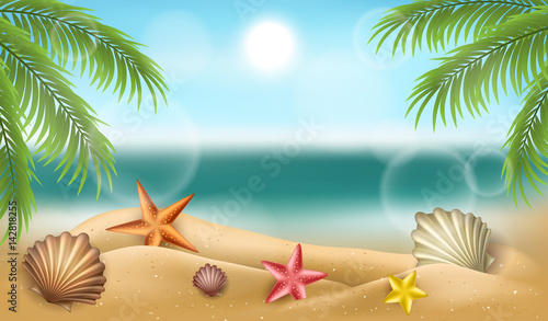 Fototapeta Naklejka Na Ścianę i Meble -  Realistic beach frame with shells, starfish on sand, and palm tree leaf. Design for summer and holiday banner and frame