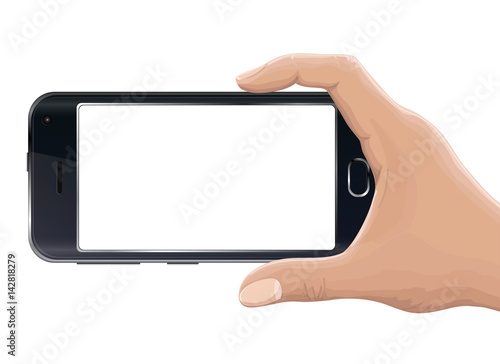 Isolated hand illustration with realistic smartphone, with empty, white screen. Isolated on white background