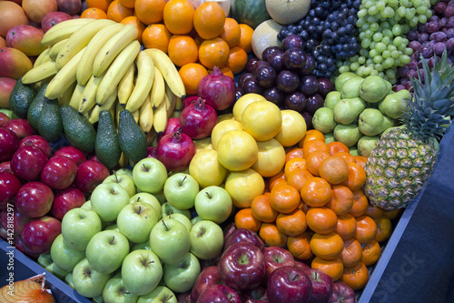 Fototapeta Naklejka Na Ścianę i Meble -  Wide angle photo of assortment organic fruits on retail market