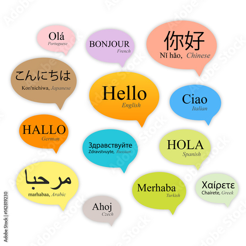 Hello speech bubbles in different languages, vector
