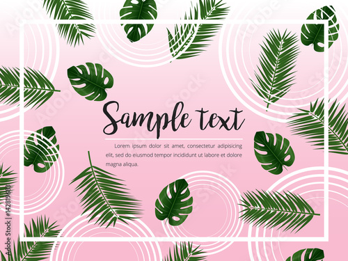 Abstract Vector layout with frame and tropical leaves on pink Background . Trendy vector illustration. Tropical layout.