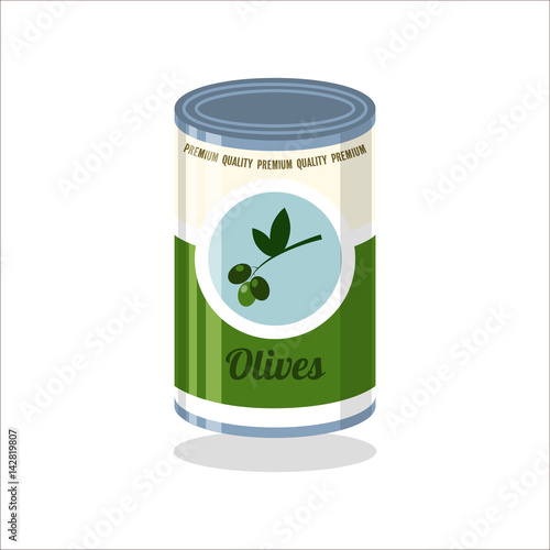 Tin Vector illustration Retro tin can with olives on white background