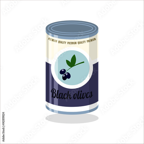 Tin Vector illustration Retro tin can with black olives on white background