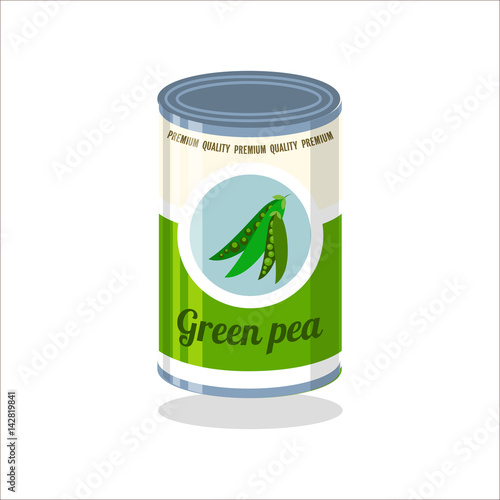 Tin Vector illustration Retro tin can with green pea on white background
