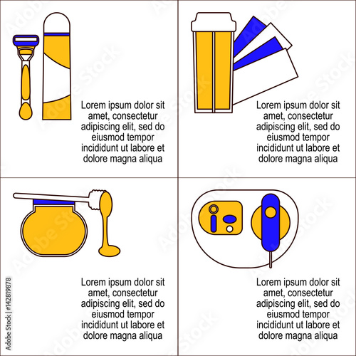 Depilation Vector illustration Different types and methods of depilation with description Icons in thin line on white background