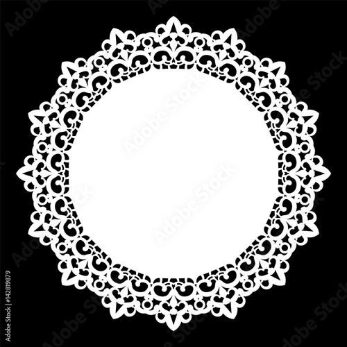 Lace round paper doily, lacy snowflake, greeting element, laser cut template, doily to decorate the cake, vector illustrations.