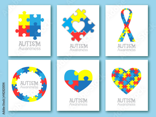 World autism awareness day. Colorful puzzle symbol of autism. Vector illustration. Medical flat illustration. Health care. Set of card, invitation, poster design template. Collection of design element