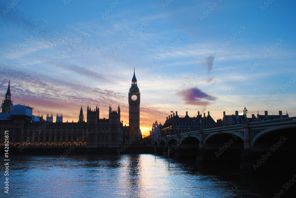 Big Ben and Houses of Parliament at a beautiful sunset landscape, London City, United Kingdom.