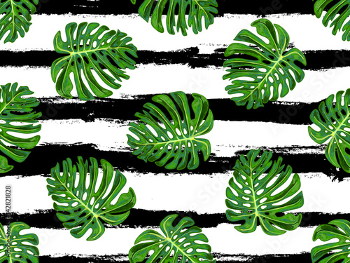 Seamless tropical pattern with monstera leaves vector background. Perfect for wallpapers, pattern fills, web page backgrounds, surface textures, textile