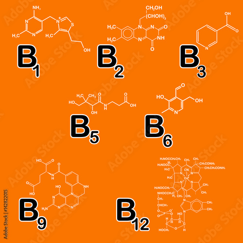 Vitamins group B set. Healthy life concept. Vitamin B1, B2, B3, B5, B6, B9, B12. Vector illustration. Structural chemical formula collection meds for heath, beauty ads