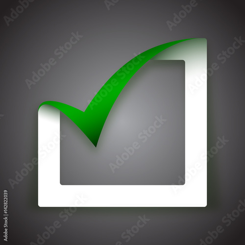 White 3D paper cut box being checked by a green check mark. Green tick sign. Yes, check mark, vote vector illustration