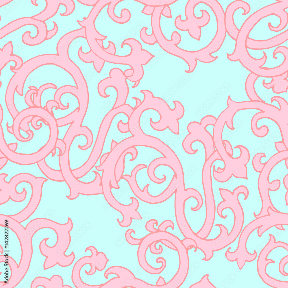 Vegetative ornate pink ornament on a turquoise background. Seamless vector pattern. Vegetative ornate pink ornament on a turquoise background. Seamless vector pattern.