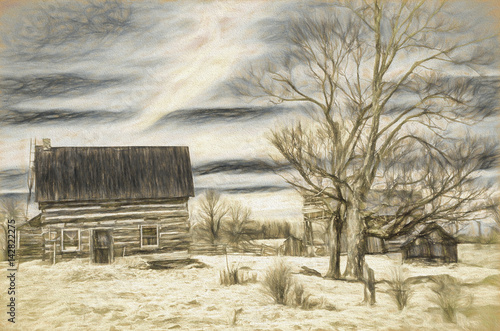 charcoal drawing effect of log cabin homestead with trees and sky