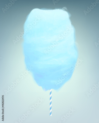 Blue cotton candy. Realistic sugar cloud with striped stick. Vector isolated object illustration.