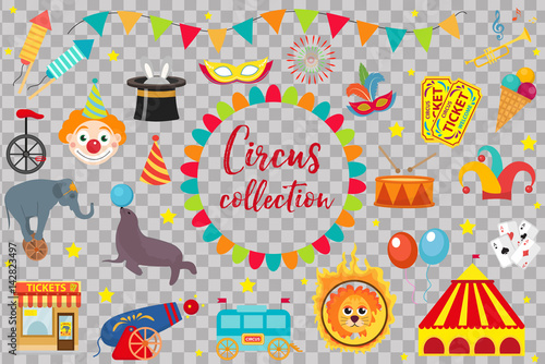 Circus Collection, flat, cartoon style. Set isolated on a white background. Kit with elephant, tent, lion, Sealion, gun, clown, tickets Design elements Vector illustration clip art