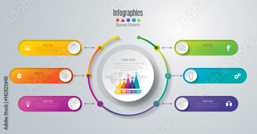 Timeline infographics design vector and business icons with 6 options.