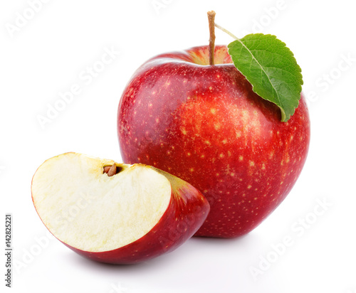 Red apple fruit with green leaf and section isolated on a white