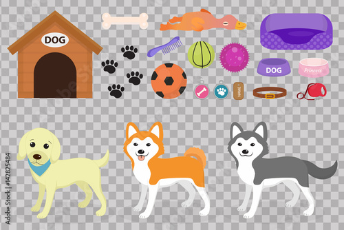 Dogs stuff icon set with accessories for pets, flat style, isolated on white background. Domestic animals collection with a Husky, akita inu, lablador. Puppy toy. Vector illustration, clip art