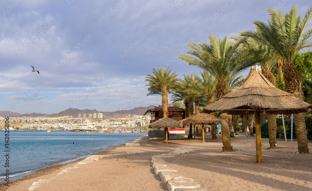 Morning at central public beach in Eilat - famous resort city in Israel