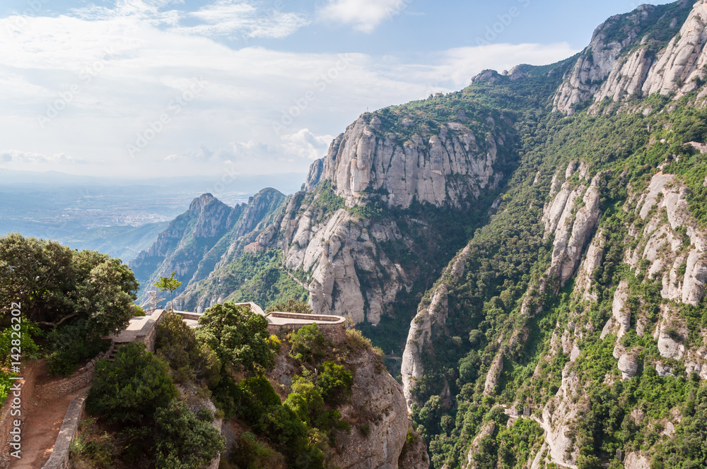 View of a mountain valley from the monastery of Montserrat. Catalonia, Spain.