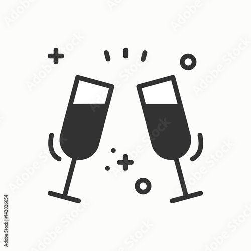 Two glasses, toast icon. Binge, drink, champagne, wine.Party celebration, birthday, holidays, event, carnival festive. Thin line party element icon. Vector simple linear design. Illustration. Symbols.