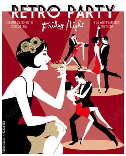 Retro Party invitation card. Handmade drawing vector illustration. Art Deco style