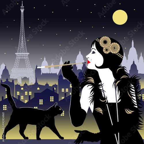 Flapper girl with cigarette and black cat on a background of Paris at night. Handmade drawing vector illustration. Art Deco style