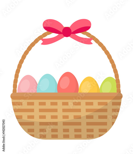 Basket with painted eggs. Easter basket icon, flat style. Isolated on white background. Vector illustration, clip-art