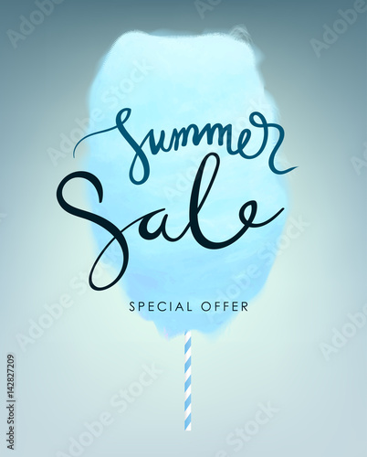 Blue cotton candy. Realistic sugar cloud with striped stick. Vector isolated object illustration.