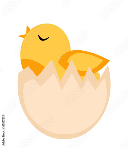 Nestling hatched from egg, yellow chicken icon, flat style. Isolated on white background. Vector illustration, clip-art