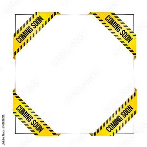 Set of vector ribbons with text 'Coming soon'. Vector labels for missing products in web stores. Styled like caution tape, for industrial or service companies.