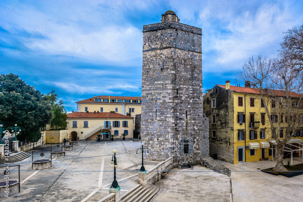Captain's Tower landmark Zadar. / Scenic view at old historic Captain's Tower in city center of Zadar, Five Wells Square, Croatia.