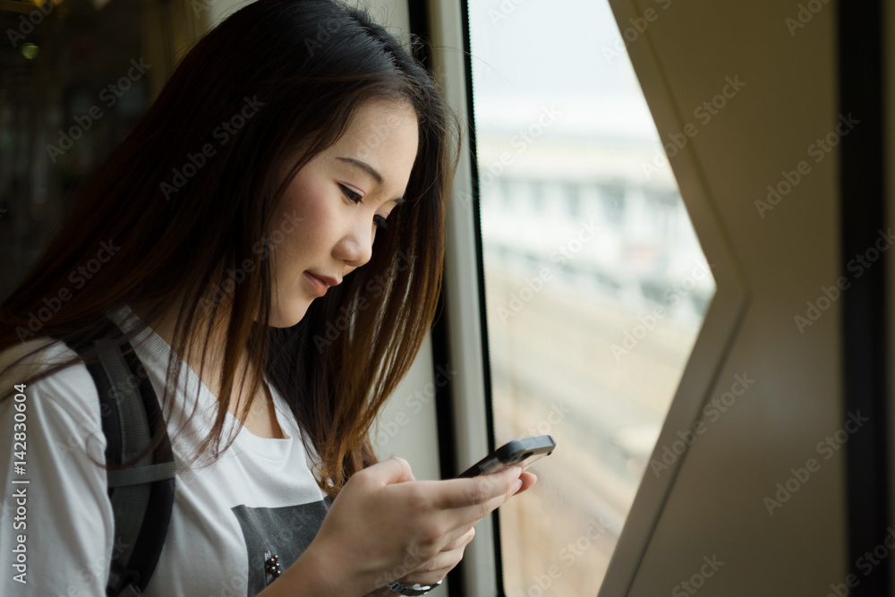 asian woman tourist using smartphone while travel asian woman tourist using smartphone while travel