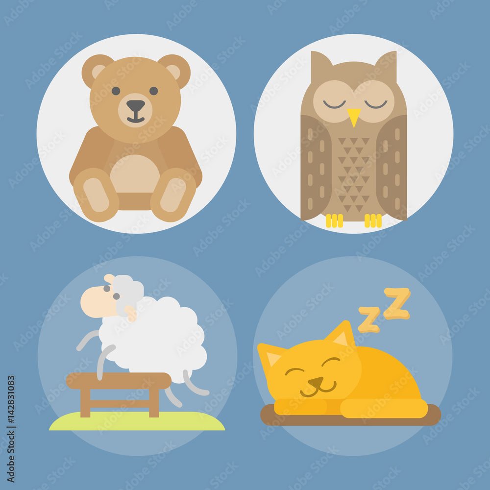 Sleep animals icon vector illustration gift toy teddy bear sleeping owl cat set Sleep animals icon vector illustration gift toy teddy bear sleeping owl cat set