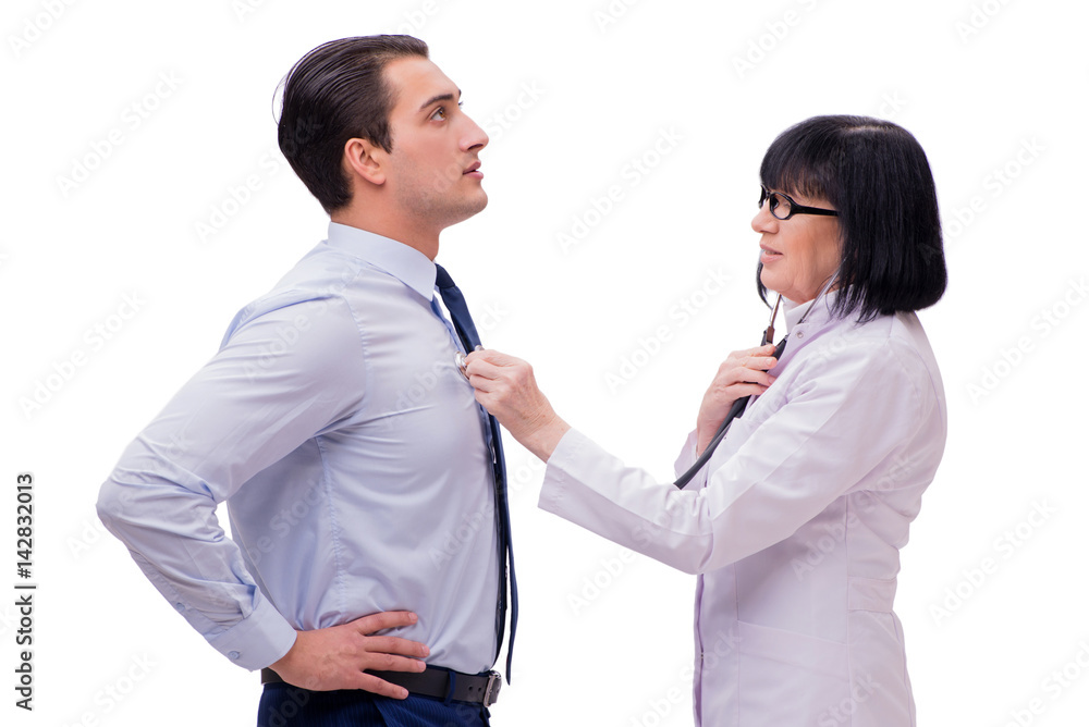 Experienced doctor examining young man isolated on white