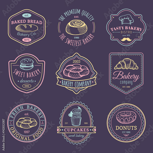 Vector set of vintage bakery logos. Retro emblems collection with sweet cookie. Hipster pastry icons for cafe, shop etc.
